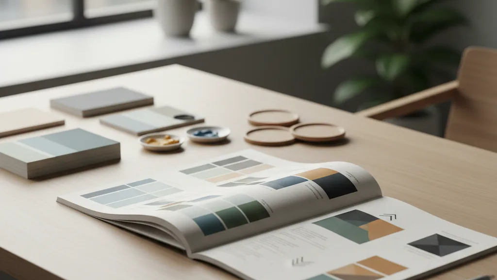 documento brand guidelines aperto scrivania con campioni colore