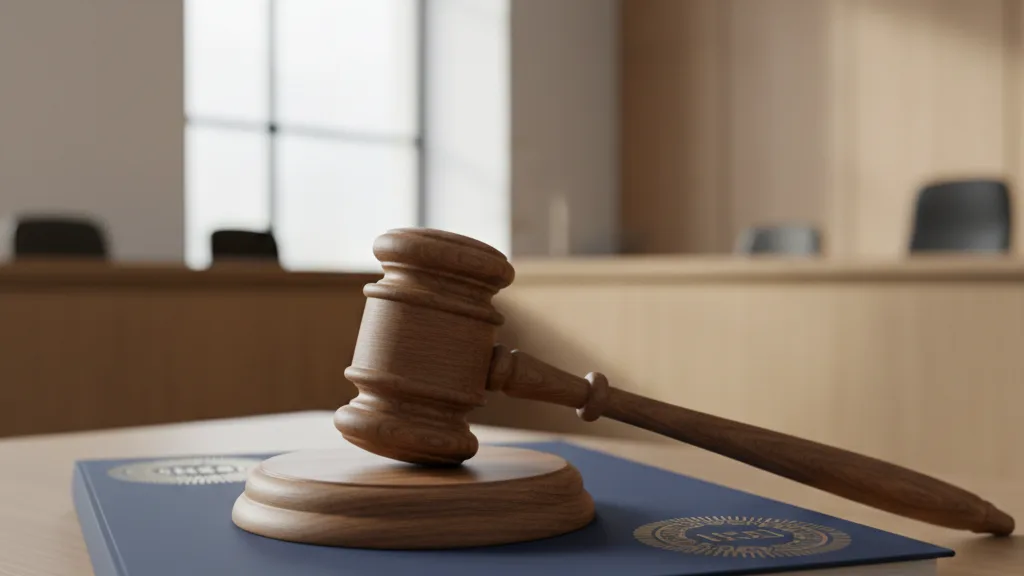 Martello del giudice su fascicolo di sentenza in un'aula di tribunale