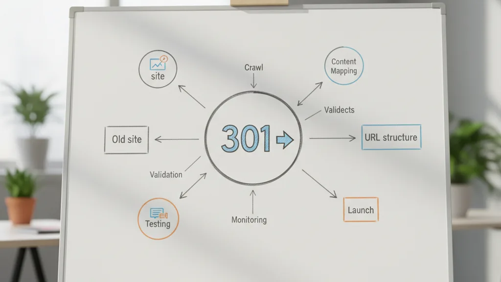 lavagna con schema redirect 301 pianificazione migrazione sito web