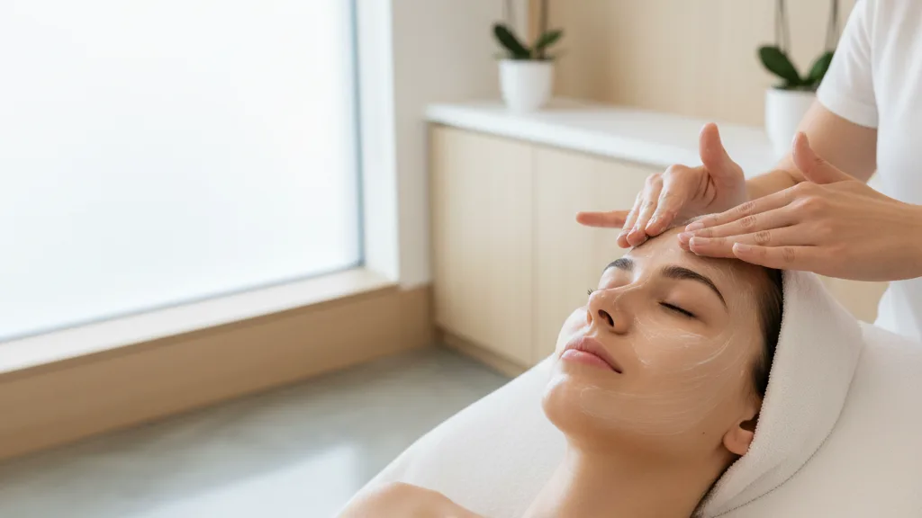 mani estetista che applica trattamento viso cliente cabina luminosa